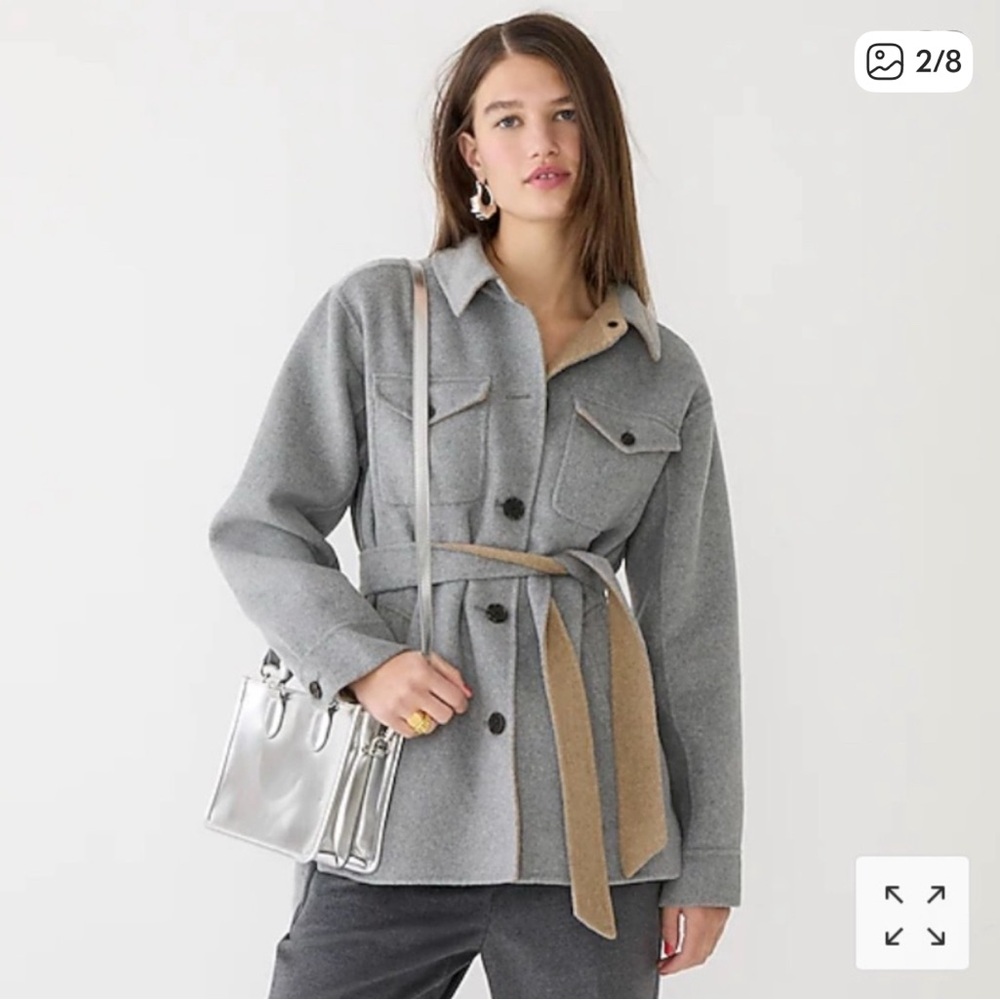 J Crew Shirt-Jacket in Double-Faced Gray Wool Blend with Tan Accents.  Size M